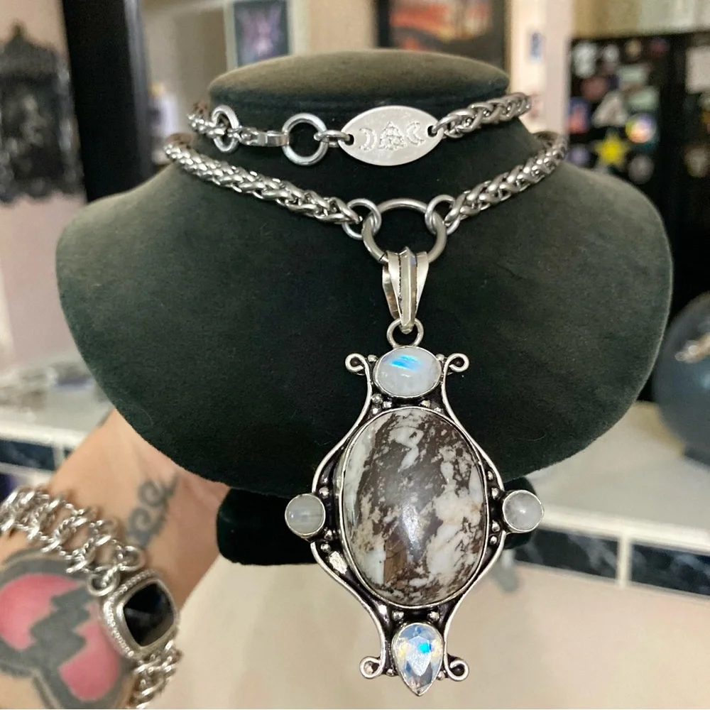 Genuine moonstone white & brown agate gemstones & opalite boho silver necklace - Picture 5 of 15